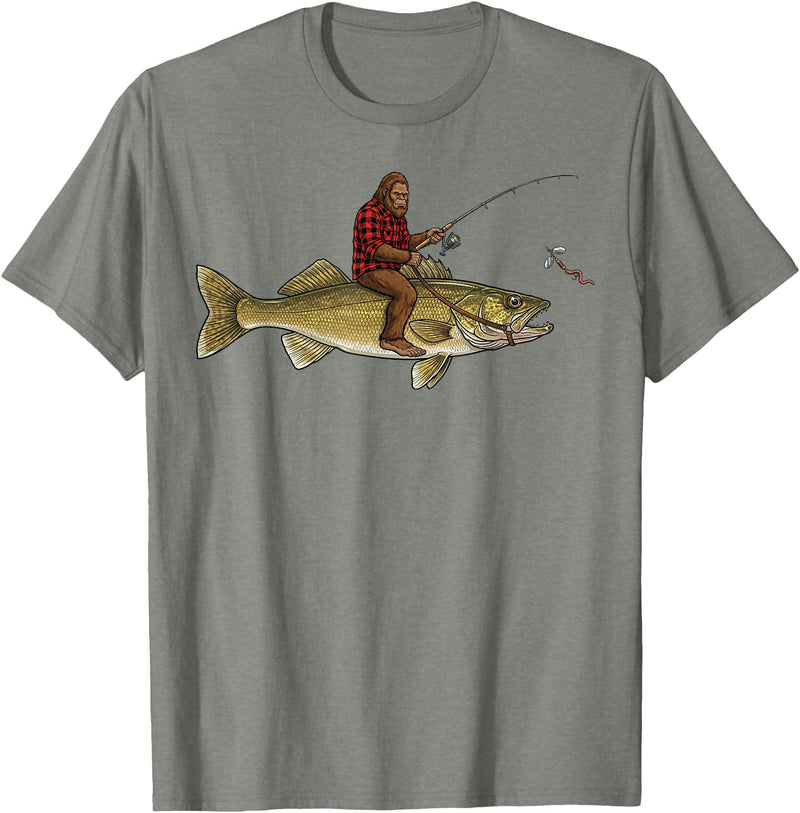 Northern Outdoor Walleye Collection Walleye Fishing Bigfoot Riding Fisherman Funny Angler T-Shirt - Olive Heather