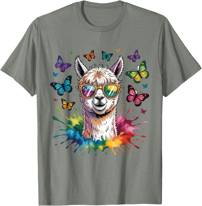 Funny Llama Lover Graphics Cute Llama with Sunglasses Animal Art Graphic Funny Alpaca T-Shirt - Olive Heather