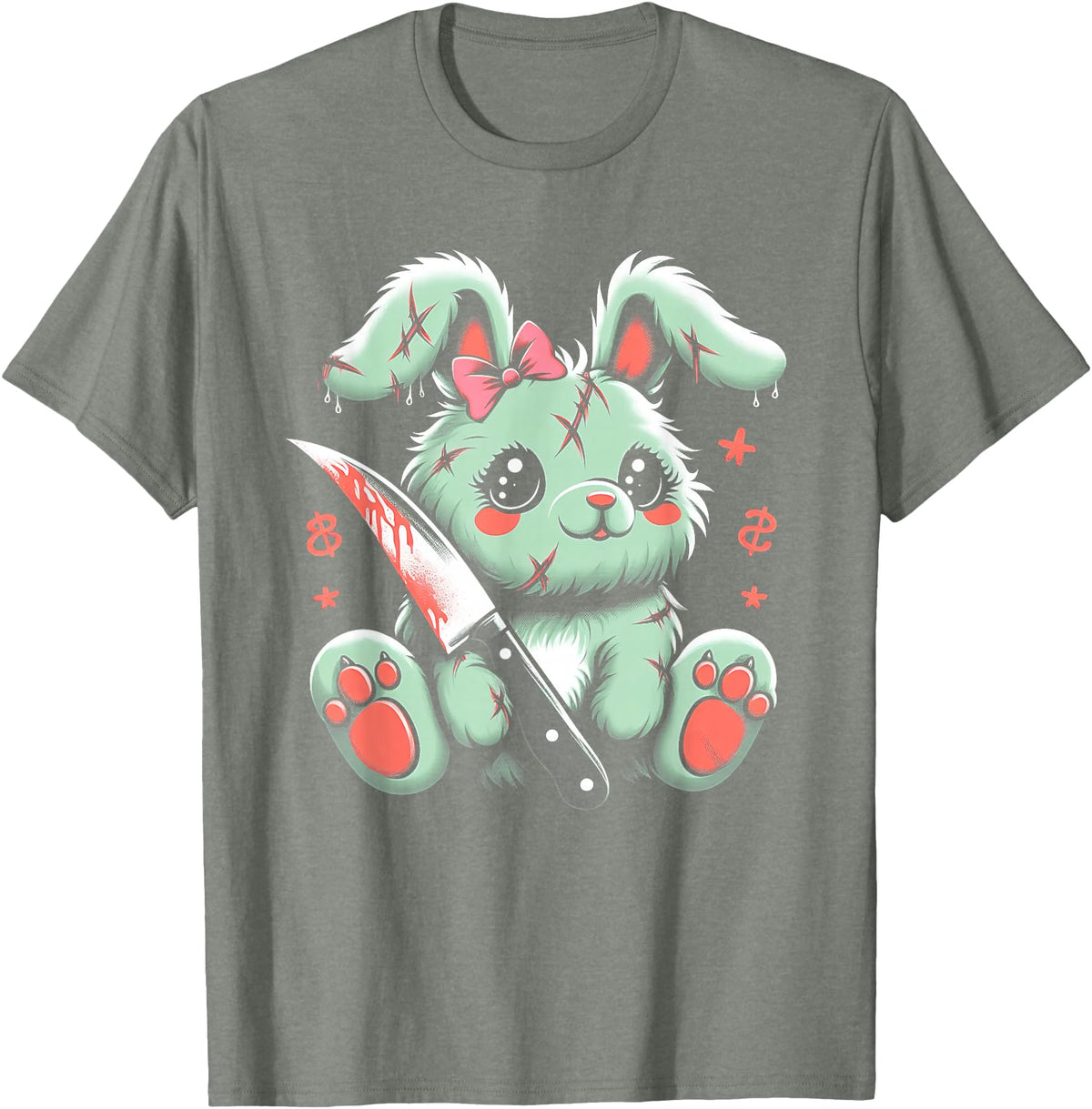 Creepy Cute Bunny Rabbit Alt Goth Grunge Horror Aesthetic T-Shirt (Black) in Olive Heather