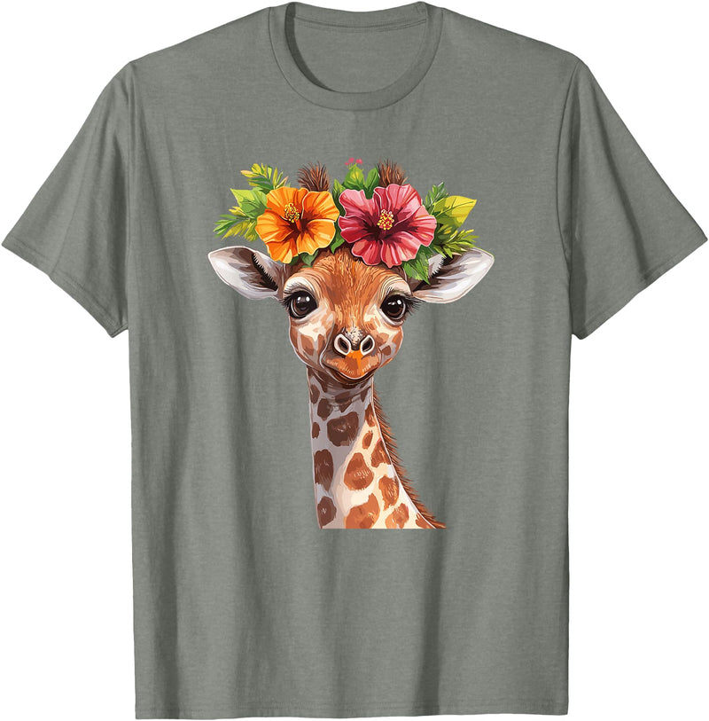Aesthetic Giraffe Art Cute Floral Giraffe With Flower Crown T-Shirt - Olive Heather