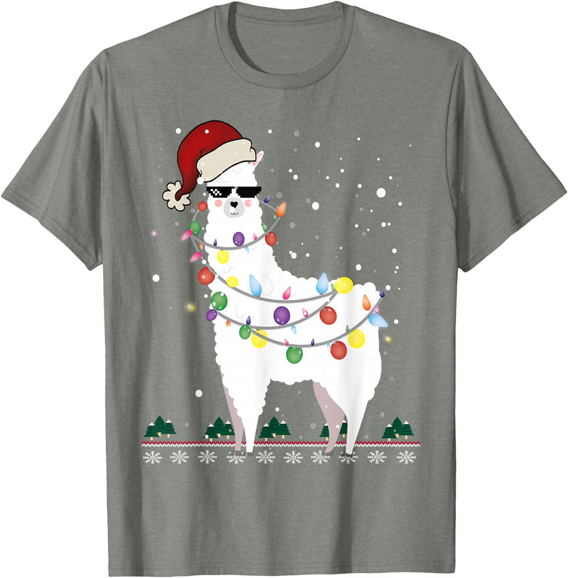 Christmas Llama Santa Hat Ugly Xmas Tee Christmas Llama Santa Hat Ugly Xmas Tree Alpaca Gift T-Shirt - Olive Heather