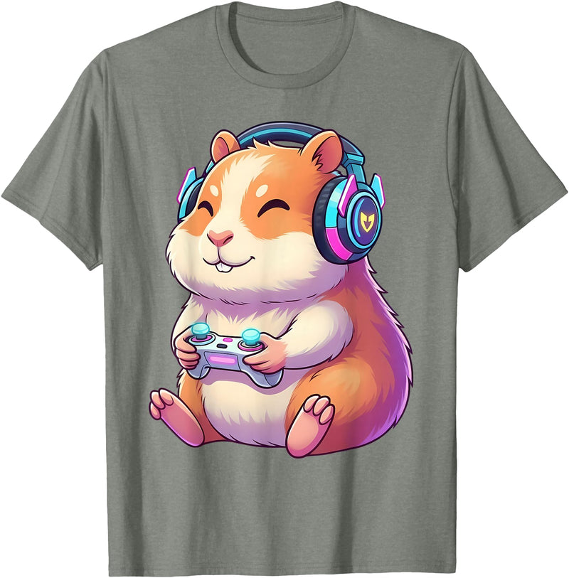 Funny Cute Hamster Gamer Adorable Video Game Animal Design T-Shirt - Olive Heather