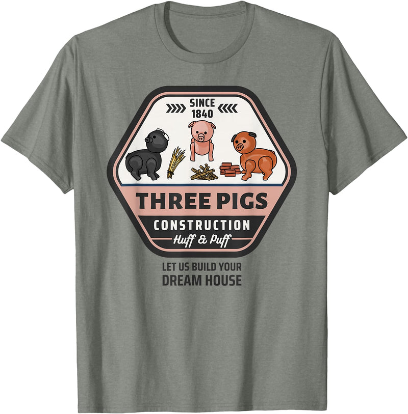 Slightly Unhinged Heather Three Pigs Construction Co. Logo T-Shirt - Olive Heather