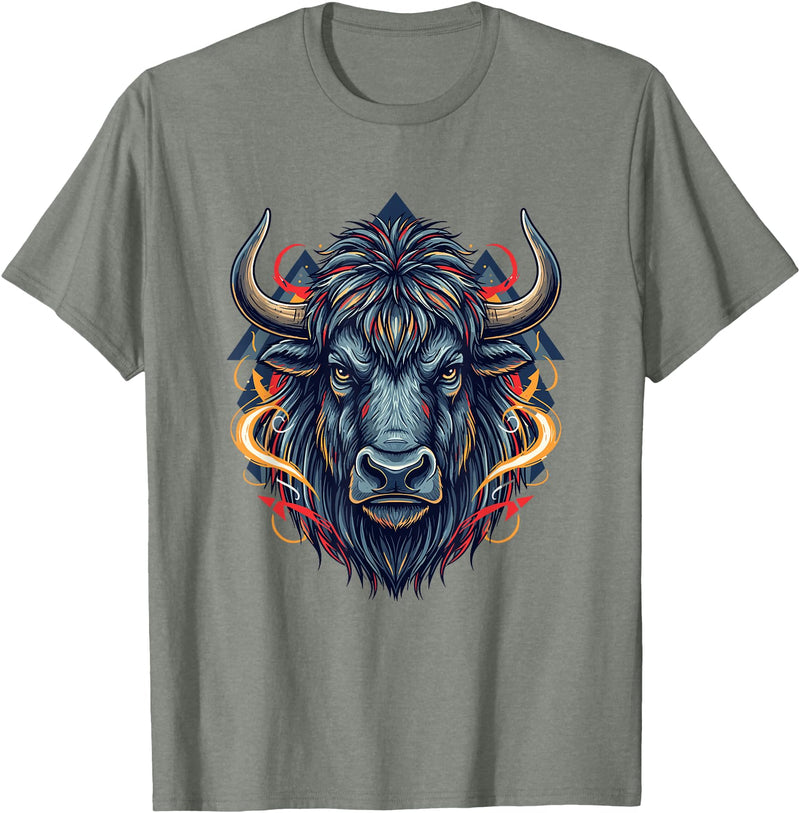 Wild Buffalo Bison Tribal Western Spirit Fierce Wild Bison Head Tribal Geometric Buffalo T-Shirt - Olive Heather