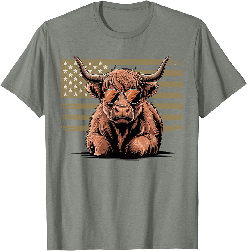 Funny Cow Farmer Gifts Highland Cow with Sunglasses and American Flag T-Shirt - Olive Heather