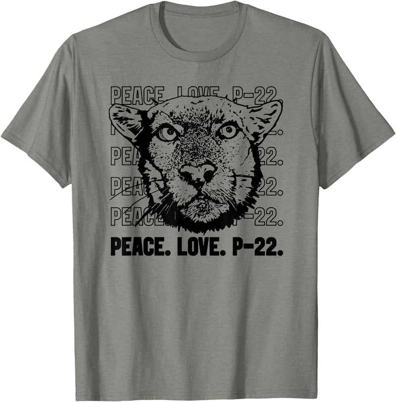P22 Mountain Lion Tee Shirts for Nature Lovers P-22 Mountain Lion Legend LA California Art P22 Peace Love T-Shirt - Olive Heather