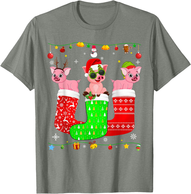 Christmas Pajama Top Matching Outfit Co Three Pig In Christmas Socks Matching Xmas Pajama T-Shirt - Olive Heather