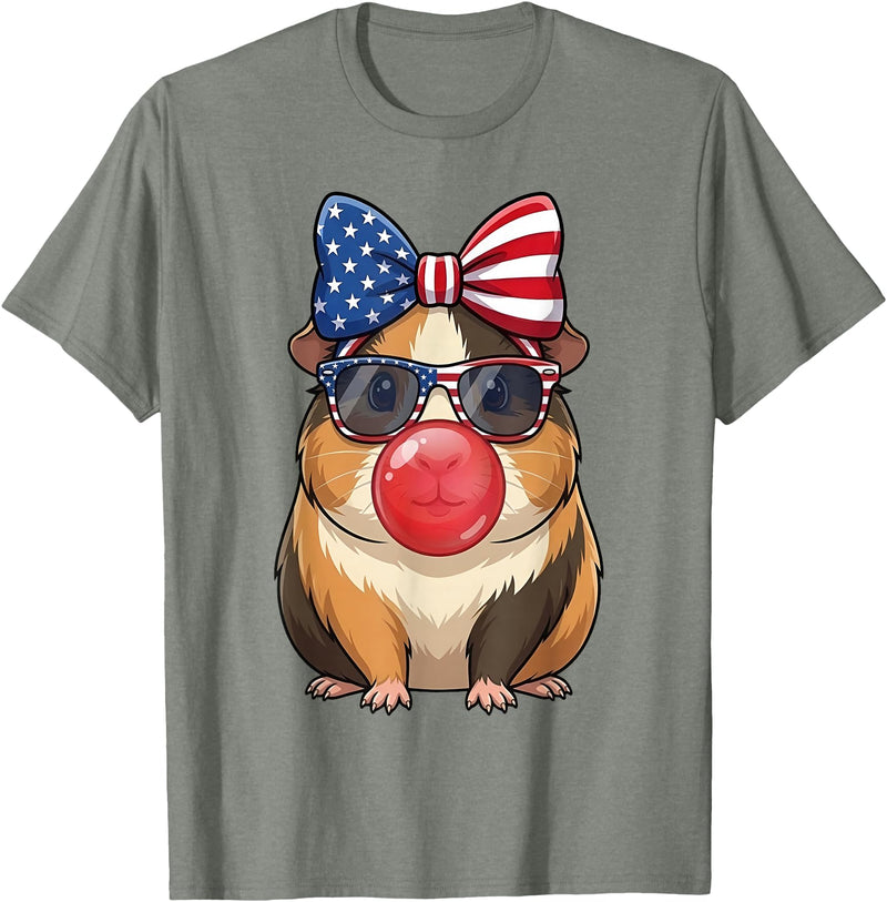 Cute Guinea Pig Bubble Gum Coquette Bow Girls Kids Patriotic Guinea Pig 4th of July Bow American Flag Girls T-Shirt - Olive Heather