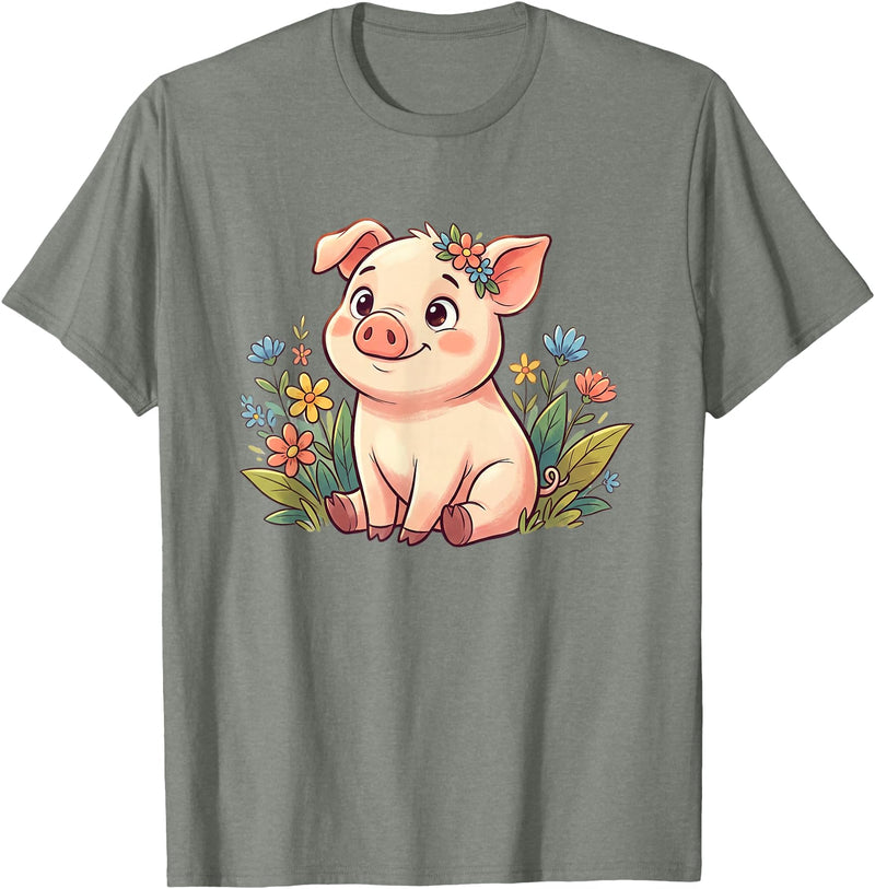 Cute Farm Piglet With Wildflowers Pastel Kawaii Baby Pig Surrounded by Colorful Flowers T-Shirt - Olive Heather