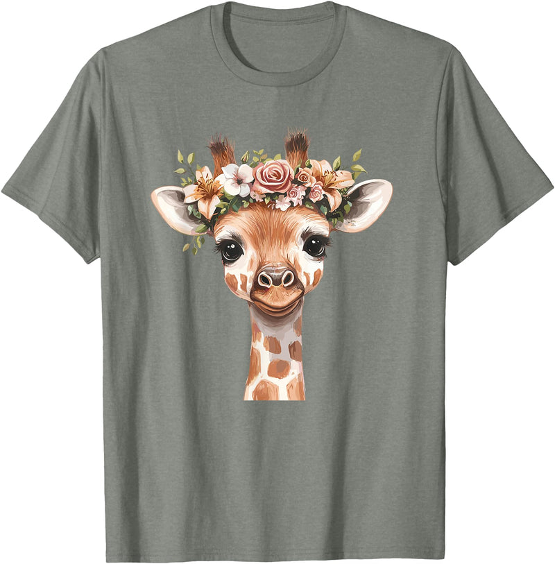 Floral Giraffe Animal Lovers Wild Nature Cute Animal Flower Crown Giraffe T-Shirt - Olive Heather