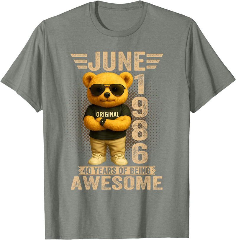 June 1986 40th Birthday Gifts for Men Women 40 Year Old June 1986 Teddy Bear 40th Birthday Men Women T-Shirt - Olive Heather