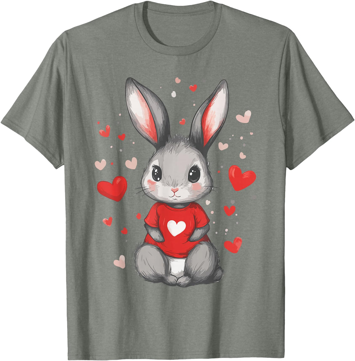 Rabbit Lover Heart Girls Valentine’s Day Women Bunny T-Shirt in Olive Heather