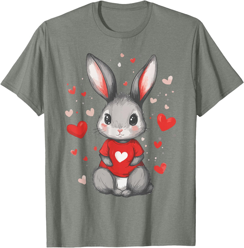 Rabbit Lover Heart Girls Valentine’s Day Women Bunny T-Shirt in Olive Heather