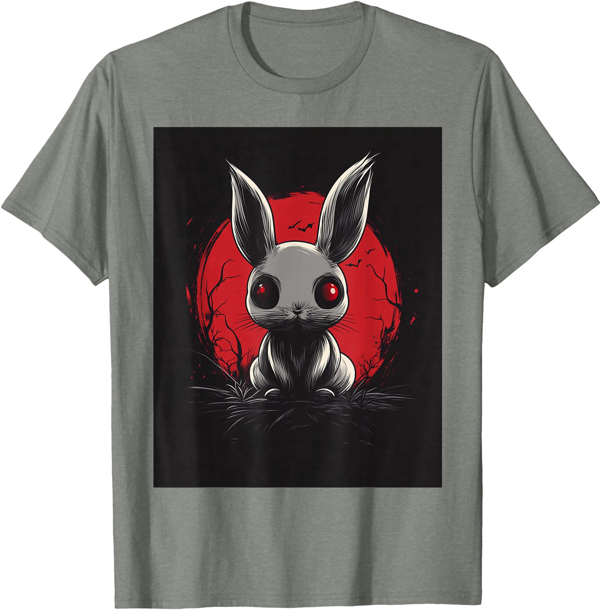 Bunny Anime Goth Scary Men Women Creepy Gothic Anime Rabbit T-Shirt in Olive Heather