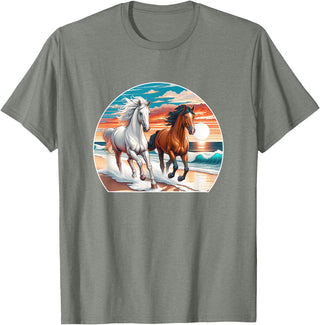 Horses Running On The Beach - T-Shirt - Olive Heather