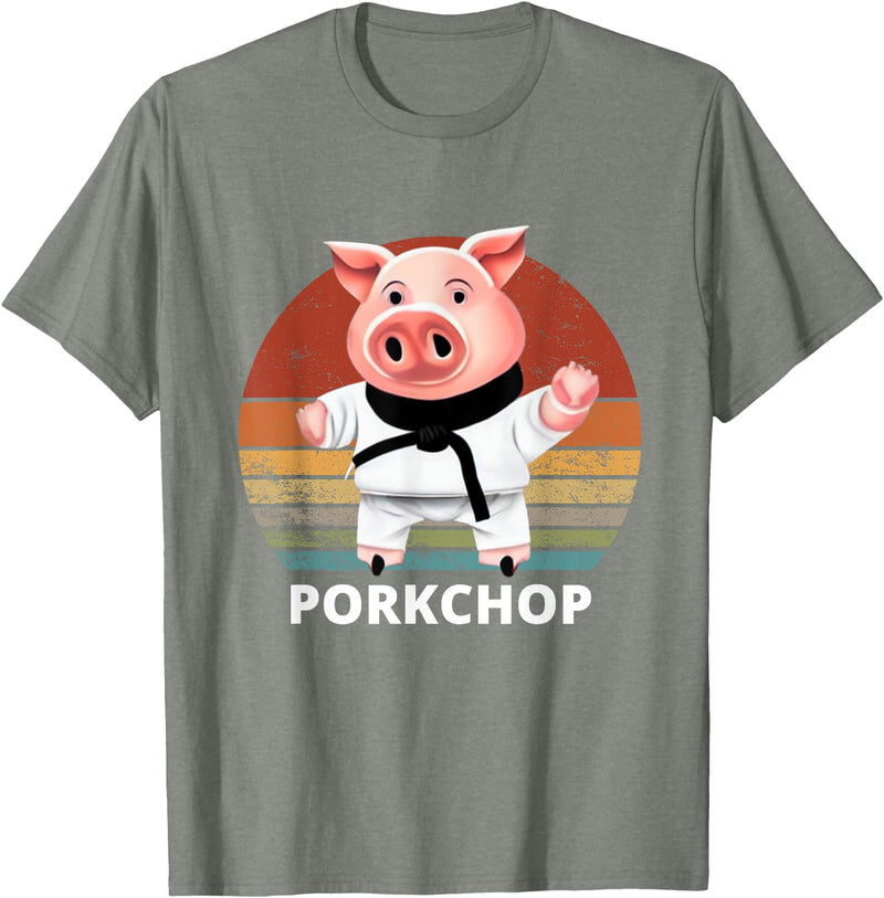 Animals Puns Pig Karate Pork Chop Pun T-Shirt - Olive Heather