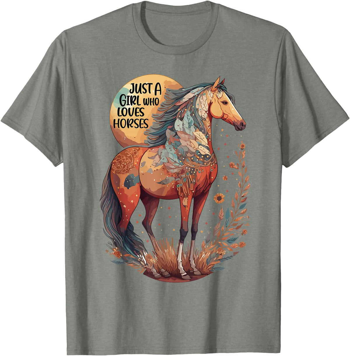 Just a girl who loves horses Co. Just a Girl who Loves Horses - Bohemian Horse Lover Themed T-Shirt - Olive Heather