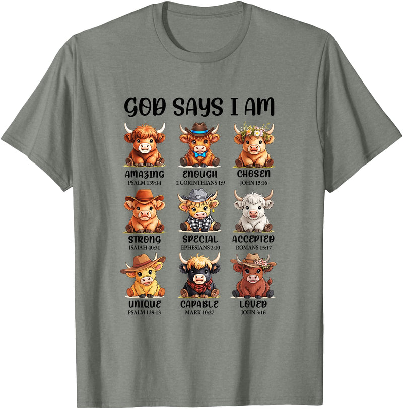 Faithful Highland Cow Belief God Says I Am Highland Cow Christian Religious Scottish Cow T-Shirt - Olive Heather