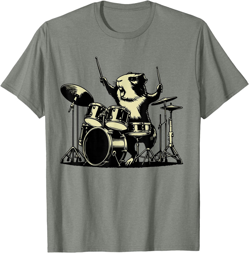 Retro Drummer Guinea Pig Lover Rock Design Guinea Pig Drummer Rock Drummer Guinea Pig Playing Drums T-Shirt - Olive Heather