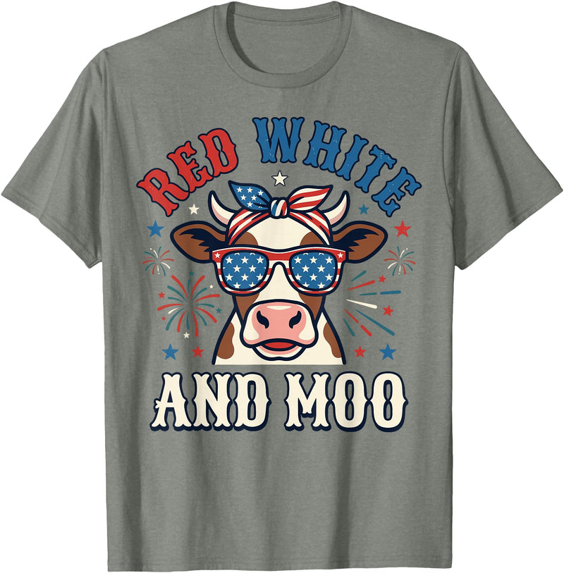 Patriotic Farm Cow Independence Day Red White and Moo Patriotic USA Flag Cow 4th of July T-Shirt - Olive Heather