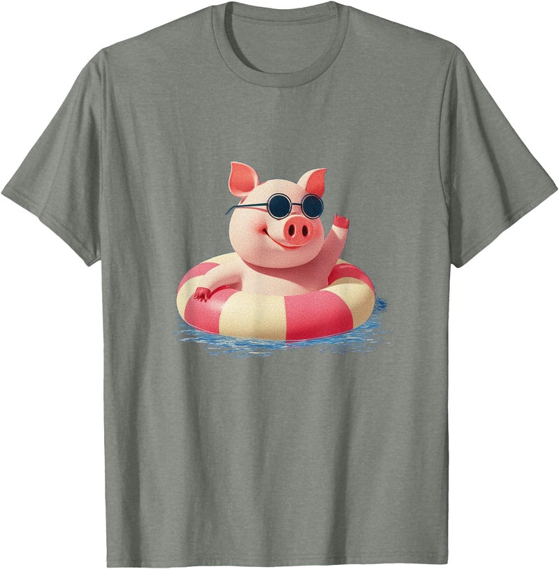 Vacation Pig Outfit Pig Sunglasses Graphic with Beach Ring T-Shirt - Olive Heather