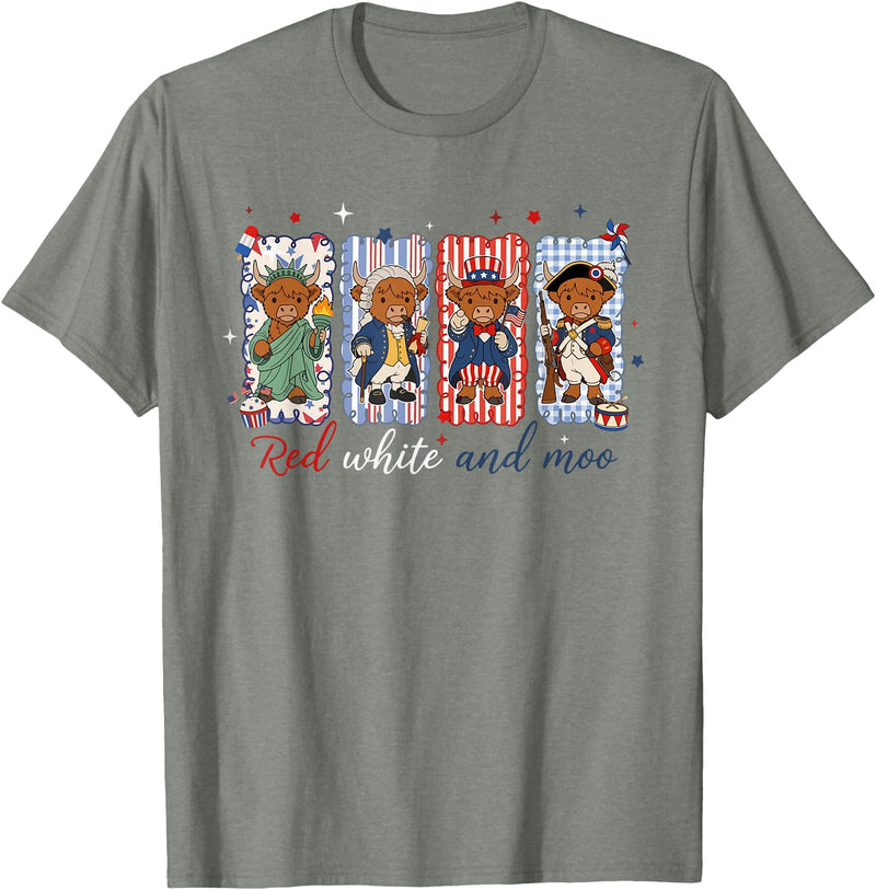 Red White Moo Patriotic Highland Cow Red White and Moo Highland Cow USA 4th of July 250th Years T-Shirt - Olive Heather