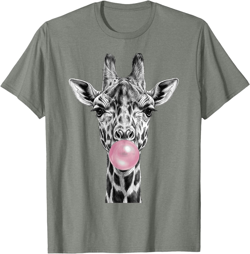 Wild Bubble Art Cool Giraffe Blowing Pink Bubblegum Sketch Art T-Shirt - Olive Heather