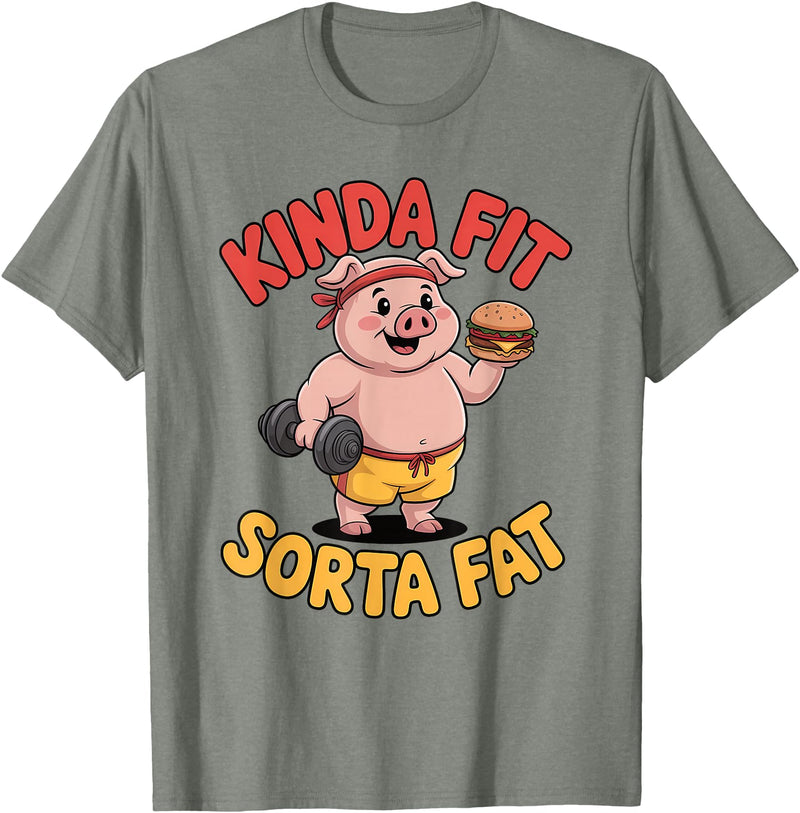 Funny Fitness Humor Food Lifestyle Merch. Kinda Fit Sorta Fat Funny Workout Burger Pig Gym T-Shirt - Olive Heather