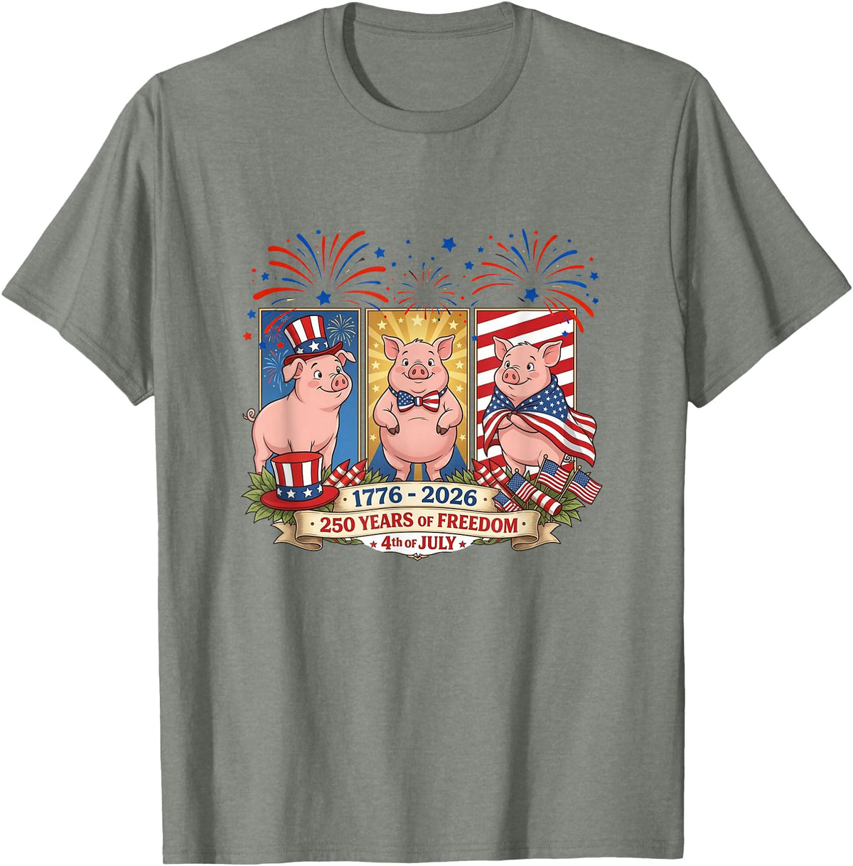 Farmer 4th Of July Costume 1776-2026 Proud 250th Freedom 4th July Three Cute Pigs T-Shirt - Olive Heather