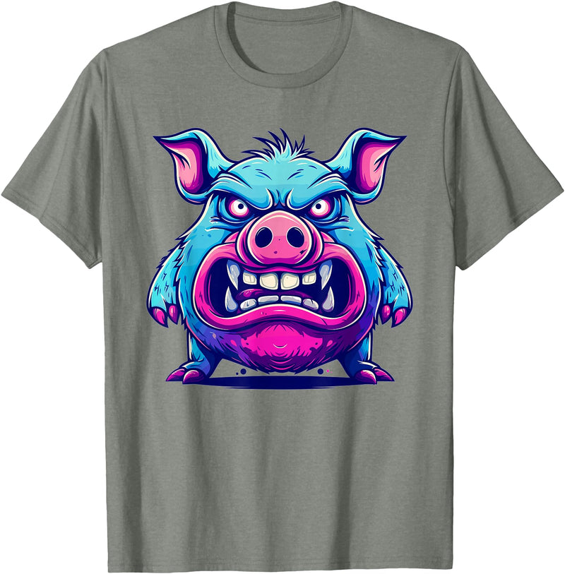Cartoon Pig Art I Kids Pig Angry Pig I Colorful Pig T-Shirt - Olive Heather
