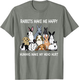 Rabbits Make Me Happy Humans Make My Head Hurt Funny T-Shirt in Olive Heather