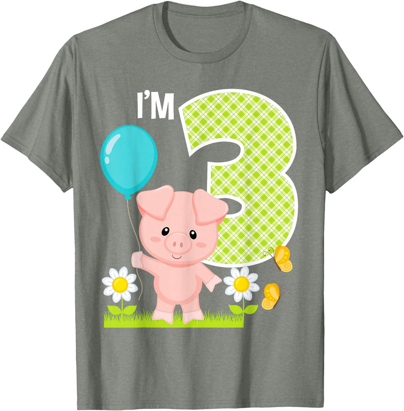 Cute Piglets Pig Barn Farm Birthday Party Supplies Pig 3rd Birthday Toddler 3 Year Old Birthday Boy Piglet Bday T-Shirt - Olive Heather