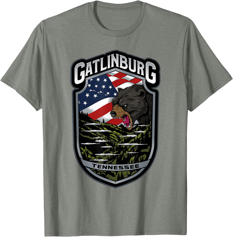 Great Smoky Mountains National Park Souvenirs Gatlinburg Tennessee Souvenirs Bears Gifts TN American Flag T-Shirt - Olive Heather