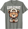 Christian Hip Hop Hustle Praying Teddy Bear Design God First Hip Hop Teddy Bear Cross Christian Streetwear Pray T-Shirt - Olive Heather