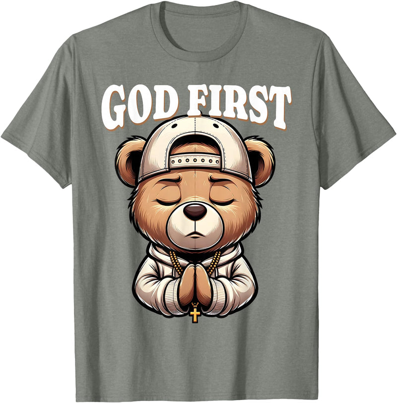 Christian Hip Hop Hustle Praying Teddy Bear Design God First Hip Hop Teddy Bear Cross Christian Streetwear Pray T-Shirt - Olive Heather