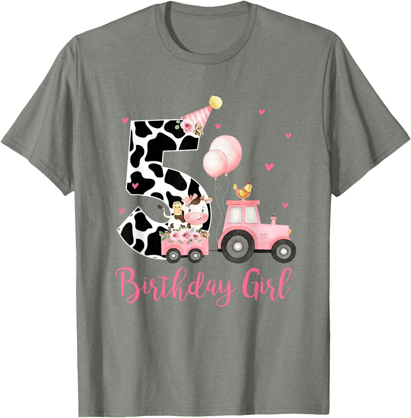 Milk Cow Print 5 Year Old Girl Birthday Gift 5th Birthday Outfit Girl 5 Year Old Farm Cow Chick Tractor T-Shirt - Olive