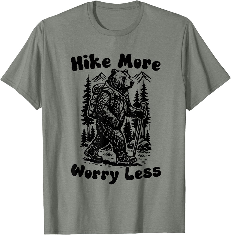 Outpost Scouting Gear by Giant Step Design Co. Hike More Worry Less Funny Cub Scouts BSA Hiking Bear T-Shirt - Olive Heather