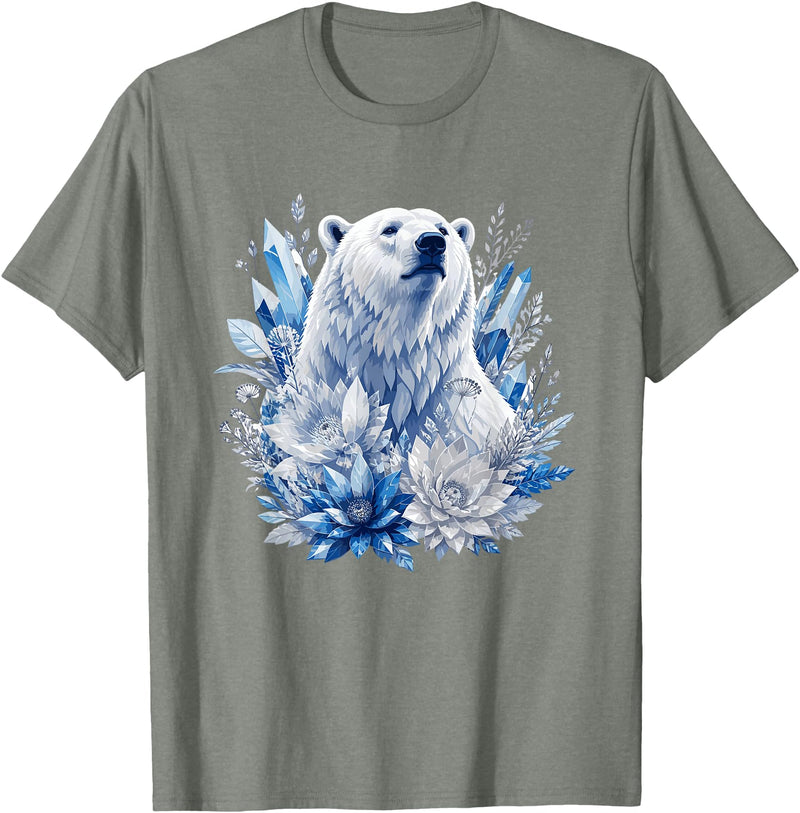 Arctic Polar Bear Crystal Flowers Nature Majestic Arctic Polar Bear with Ice Flowers Fantasy T-Shirt - Olive Heather