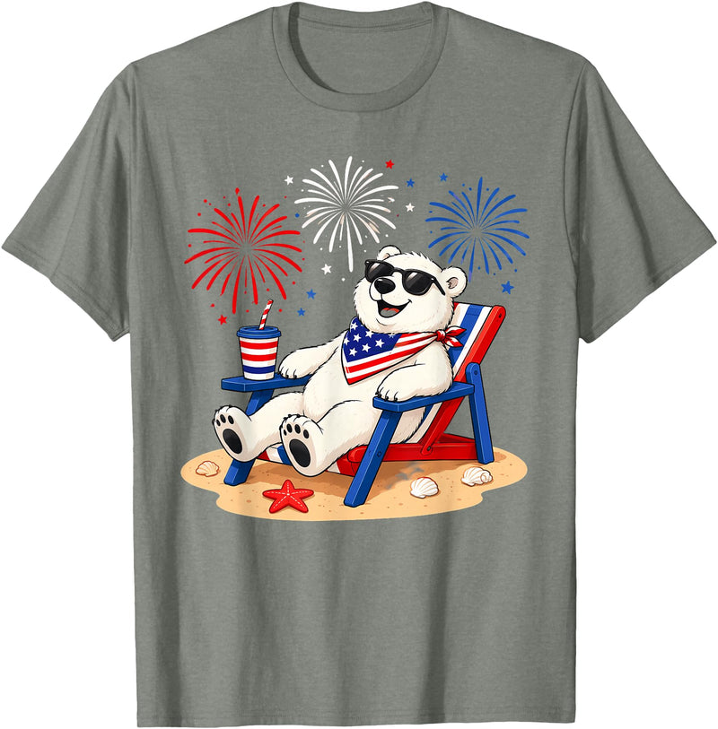 Polar Bear Patriotic Happy Beach Paws Co 4th of July Polar Bear Happy Beach Patriotic Animal Lovers T-Shirt - Olive Heather