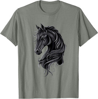 Artful Horse Designs Black Horse Portrait – Friesian Horse T-Shirt - Olive Heather
