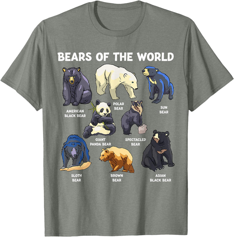 GoshWow Bears of The World Kawaii Types of Bears Wildlife Zoo Bear T-Shirt - Olive Heather