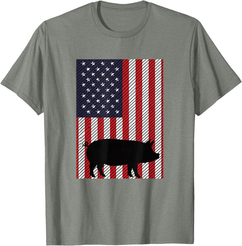 Farm Pig Patriotic United States Flag Kids Animal Patriotic Pig Silhouette American Flag Farm Kids Fourth T-Shirt - Olive Heather