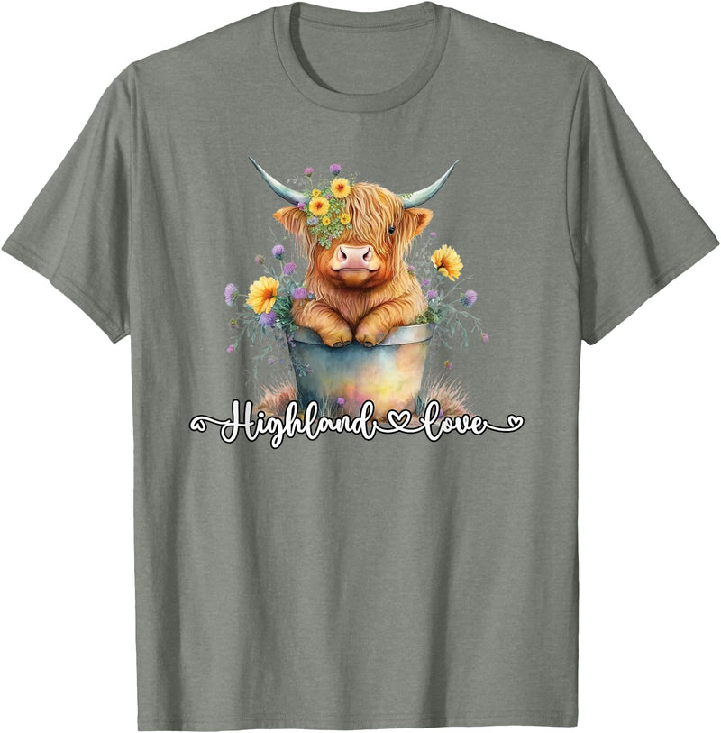 KAEDAM Gifts: Highland Cows Cute Baby Highland Cow Calf Love Spring Pastel Novelty T-Shirt - Olive Heather