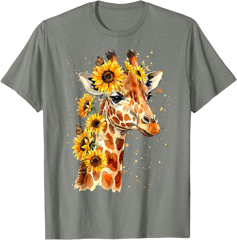 Funny Girl who loves Giraffe Sunflower Giraffe Cute Floral Safari Animal T-Shirt - Olive Heather