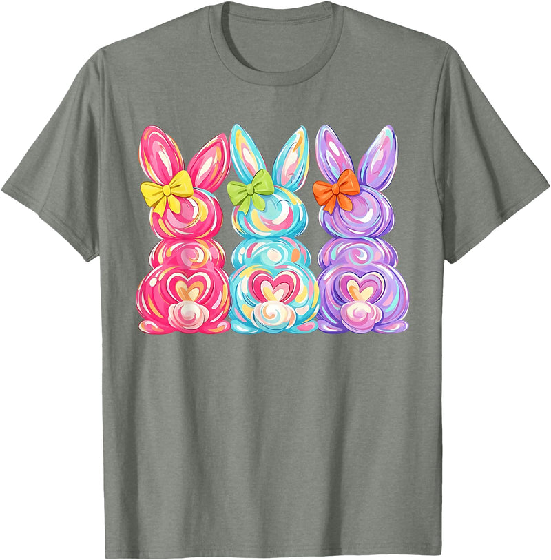 Easter Cute Bunny Coquette Bow Tie Dye Rabbit Women Girl Kid T-Shirt in Olive Heather