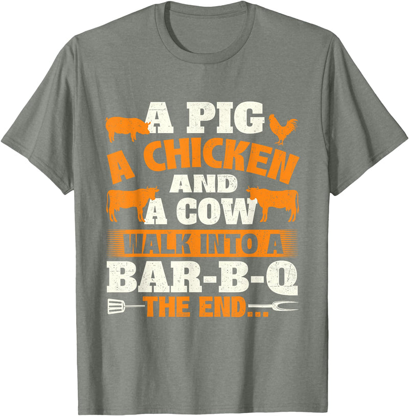 Funny BBQ Shirts A Pig A Chicken And A Cow - Grilling BBQ Lover Barbecue T-Shirt - Olive Heather