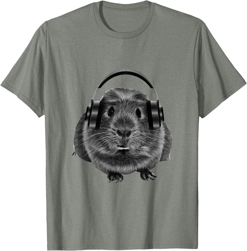 ROSS BOSS Funny Guinea Pig Graphic Tees Guinea Pig Shirt Headphones T-Shirt - Olive Heather
