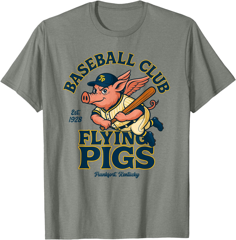 Outfield Outlaws Flying Pigs Retro Minor League Baseball Mascot T-Shirt - Olive Heather