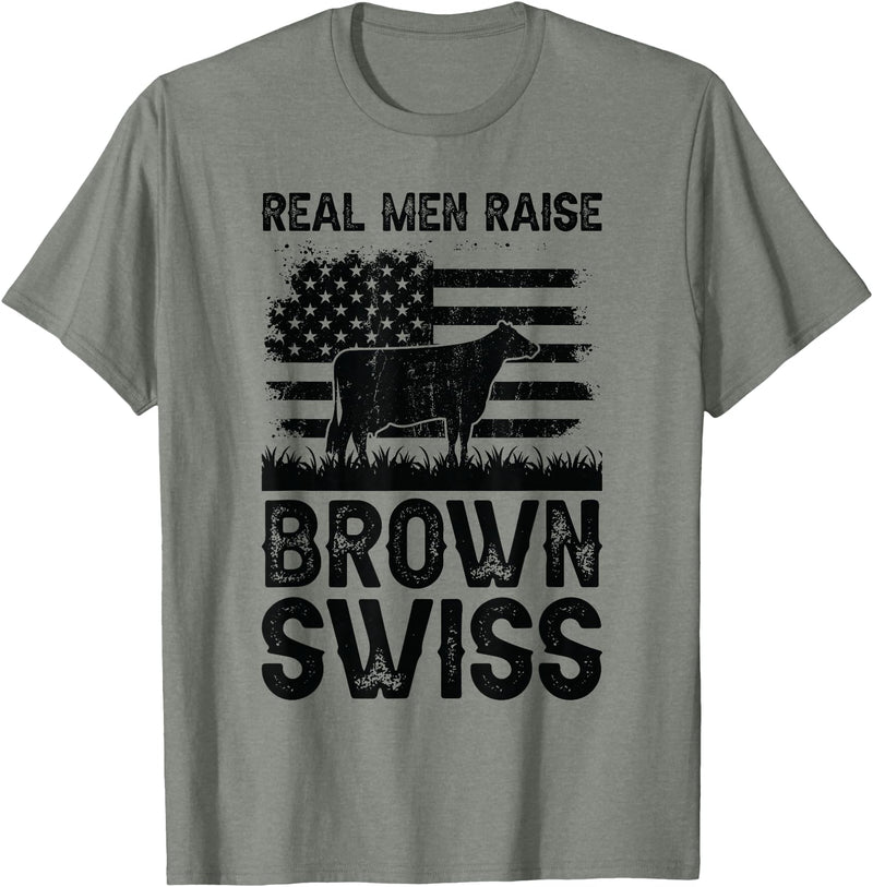 Funny Cattle Brown Swiss Gift for Men & Women Real Men Raise Cow - Cattle Farmer Breeder Brown Swiss T-Shirt - Olive Heather
