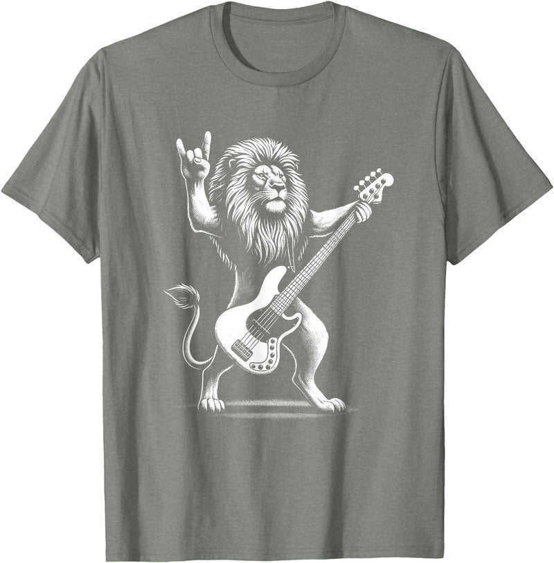 Funny Guitar Lion Lovers Costume for Guitarist Rock n Roll Lion Playing Guitar Funny Men Women Lion T-Shirt - Olive Heather